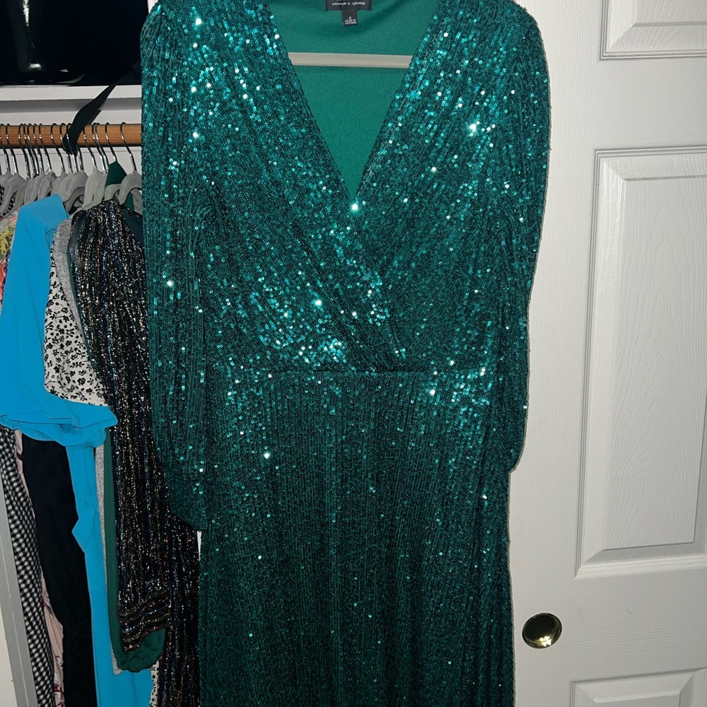 Tahari Teal Sequin Long Sleeve Dress